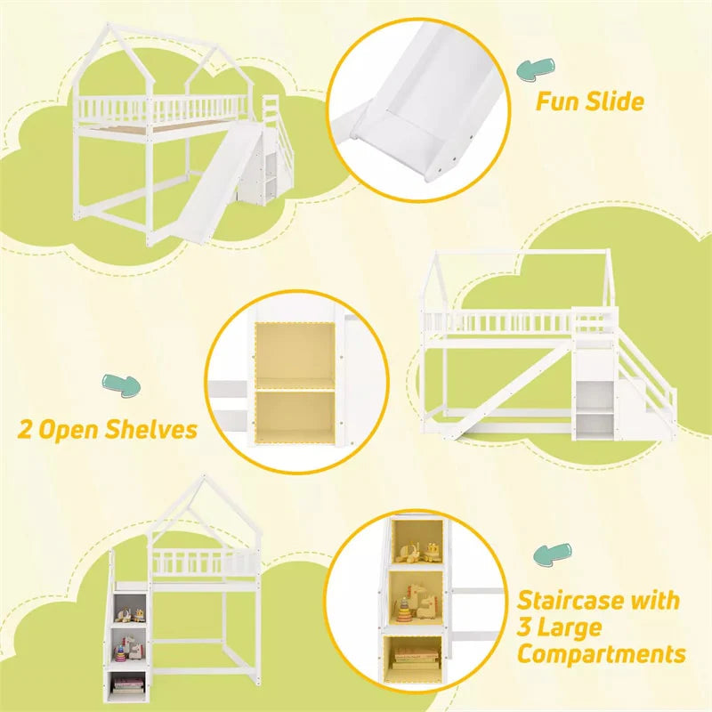 Twin Over Twin Bunk Bed House Design with Slide, Staircases & Storage Compartments, No Box Spring Needed - Product image 15