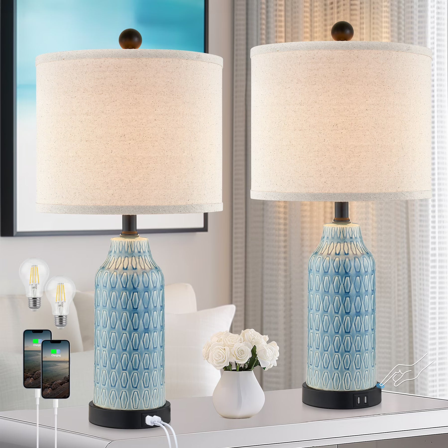 Cinkeda Table Lamp Set of 2 for Living Room Bedroom with USB Ports AC Outlet 3 Way Dimmable Touch - Product image 3