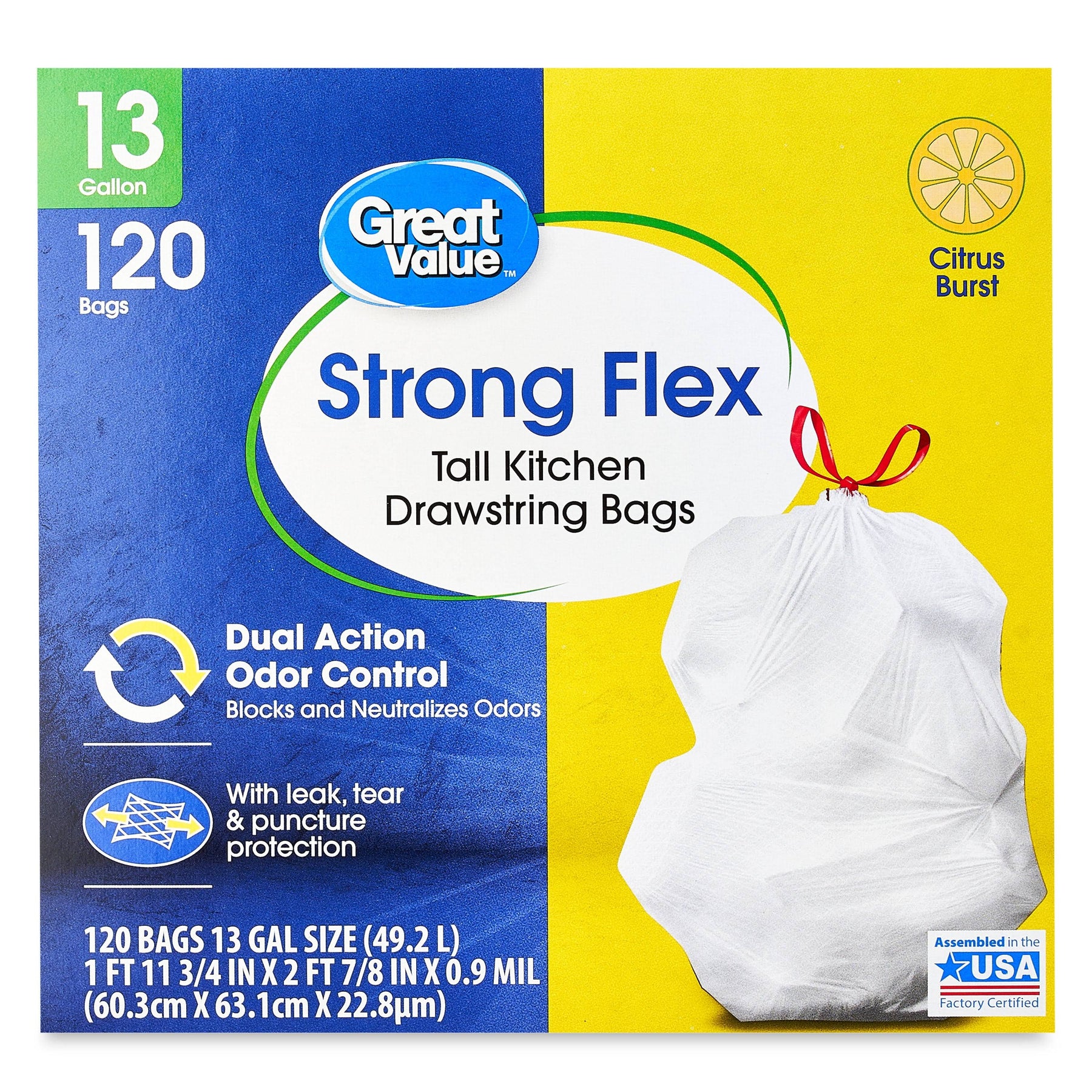 Great Value Strong Flex Tall Kitchen Drawstring Trash Bags, Citrus Burst, 13 Gallon, 120 Count - Product image 1