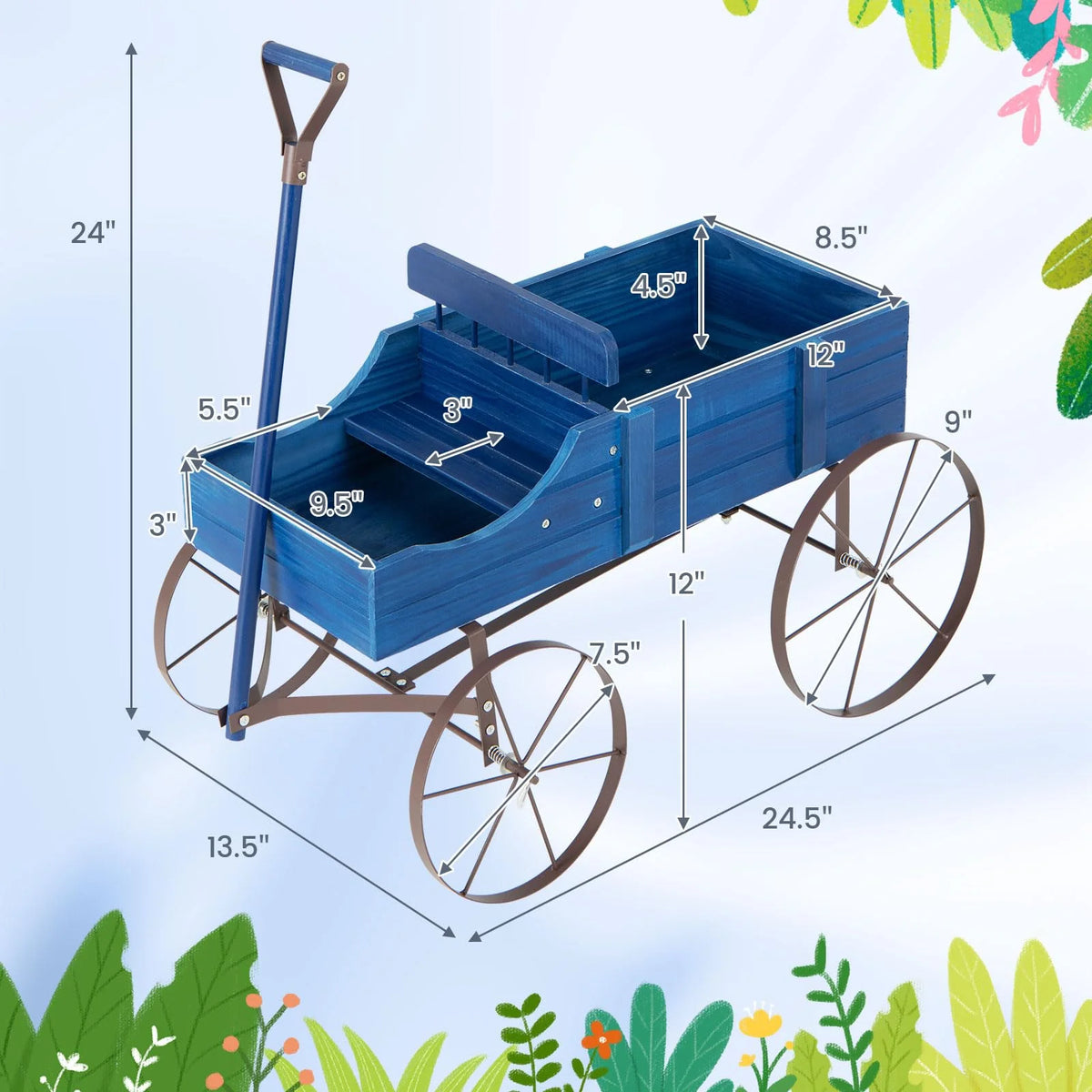 Rustic Wooden Wagon Planter, Decorative Garden Flower Cart with Metal Wheels & Adjustable Handle - Product image 8