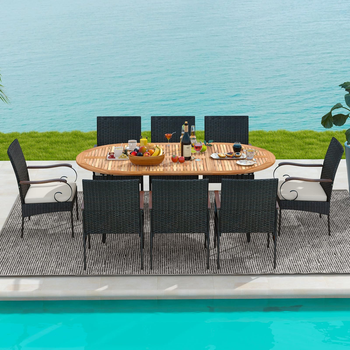 Tangkula 9 Pieces Patio Rattan Dining Set, Outdoor Oval Acacia Wood Dining Table and Wicker Armchairs Set with Umbrella Hole