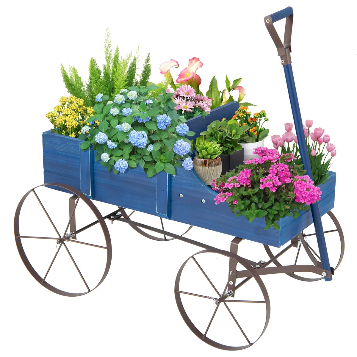 Rustic Wooden Wagon Planter, Decorative Garden Flower Cart with Metal Wheels & Adjustable Handle - Product image 1