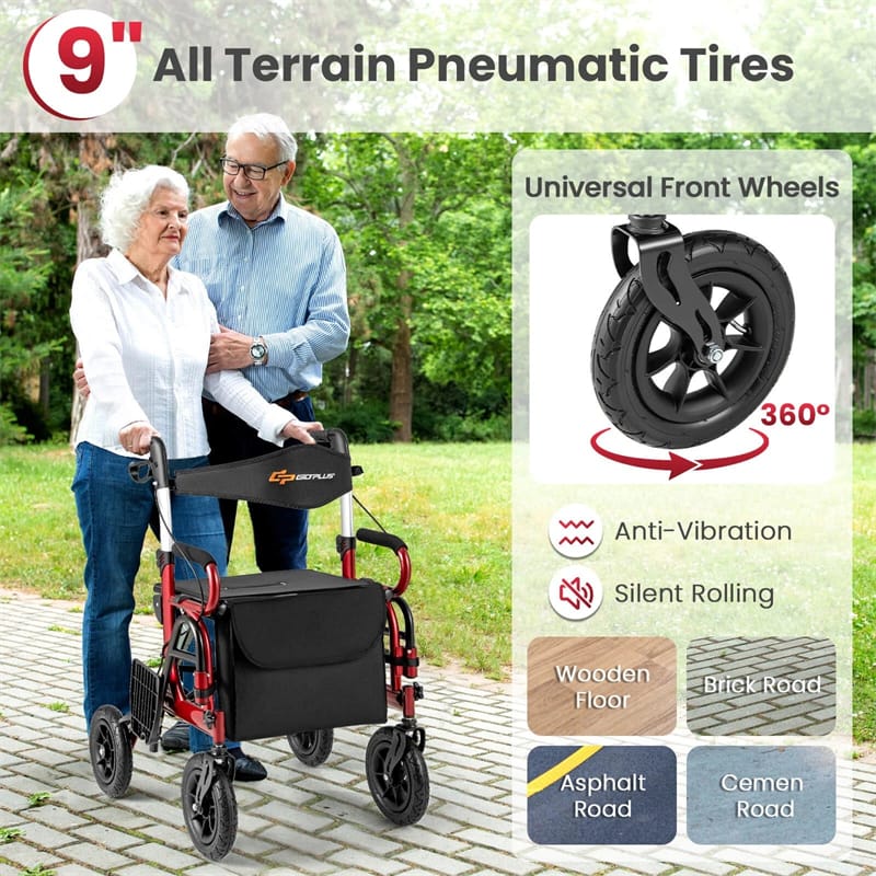 2-in-1 Folding Rollator Walker with Seat, Armrests & 9" All-Terrain Pneumatic Tires - Product image 9