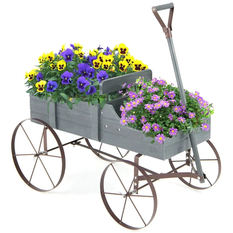 Rustic Wooden Wagon Planter, Decorative Garden Flower Cart with Metal Wheels & Adjustable Handle - Product image 38
