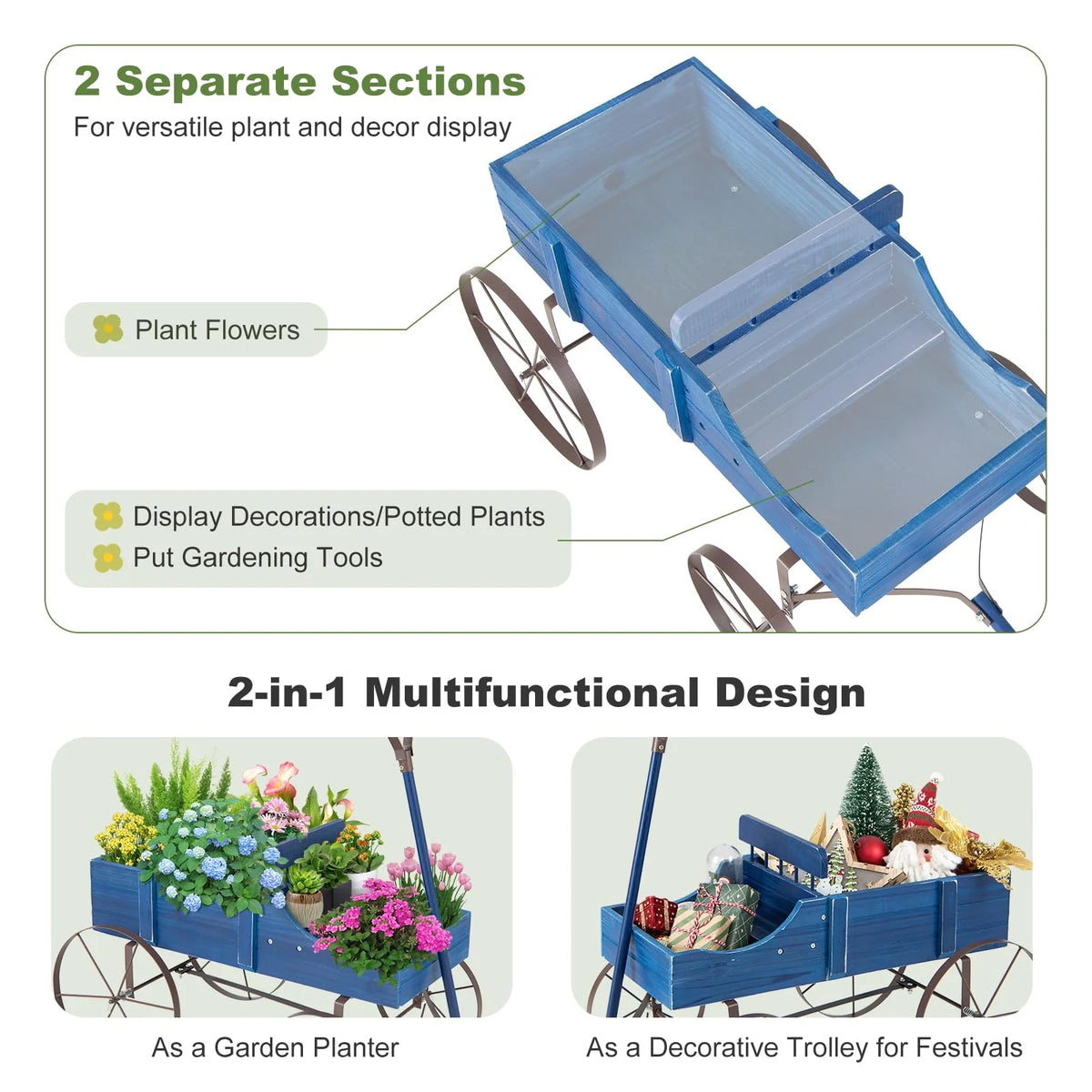 Rustic Wooden Wagon Planter, Decorative Garden Flower Cart with Metal Wheels & Adjustable Handle - Product image 6