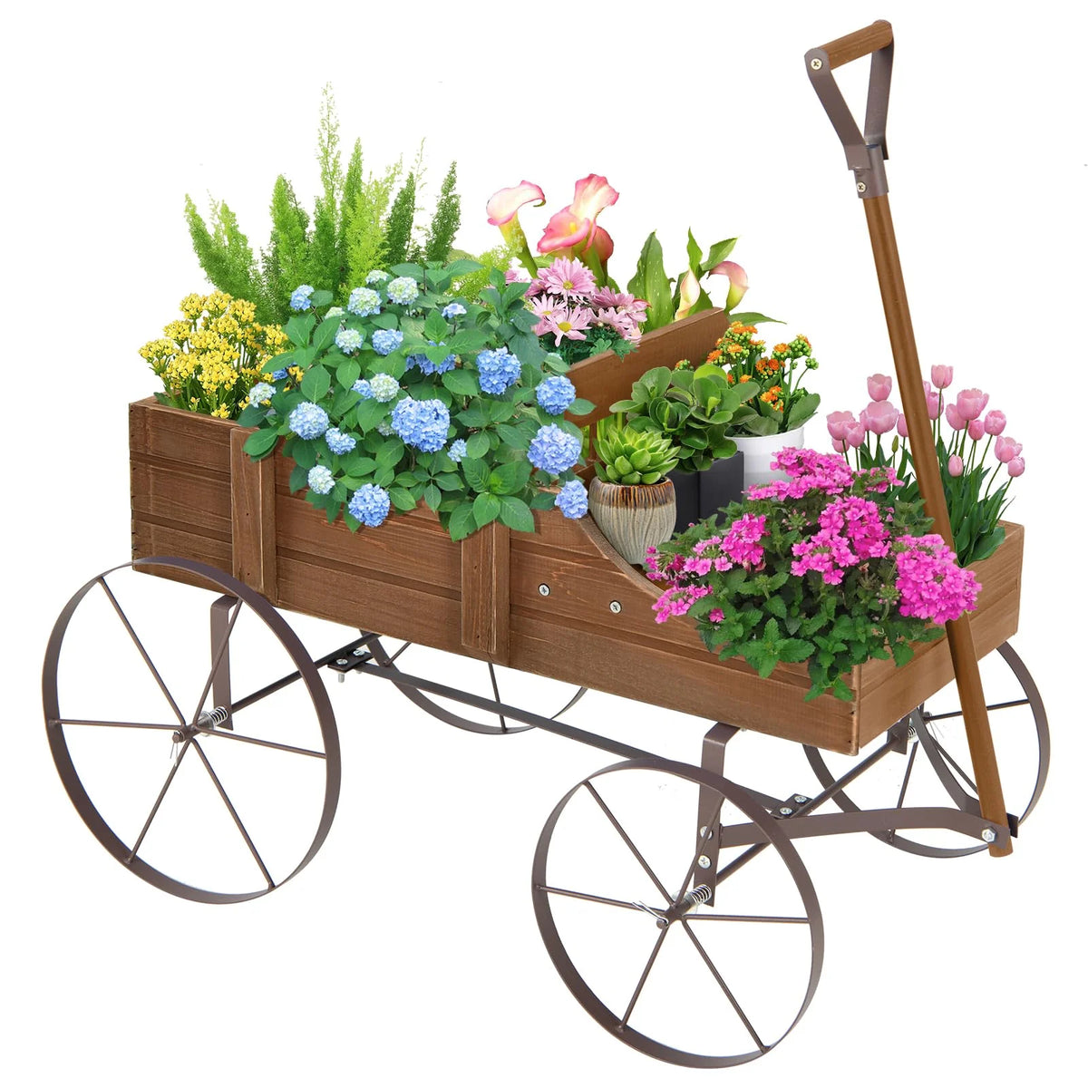 Rustic Wooden Wagon Planter, Decorative Garden Flower Cart with Metal Wheels & Adjustable Handle - Product image 17