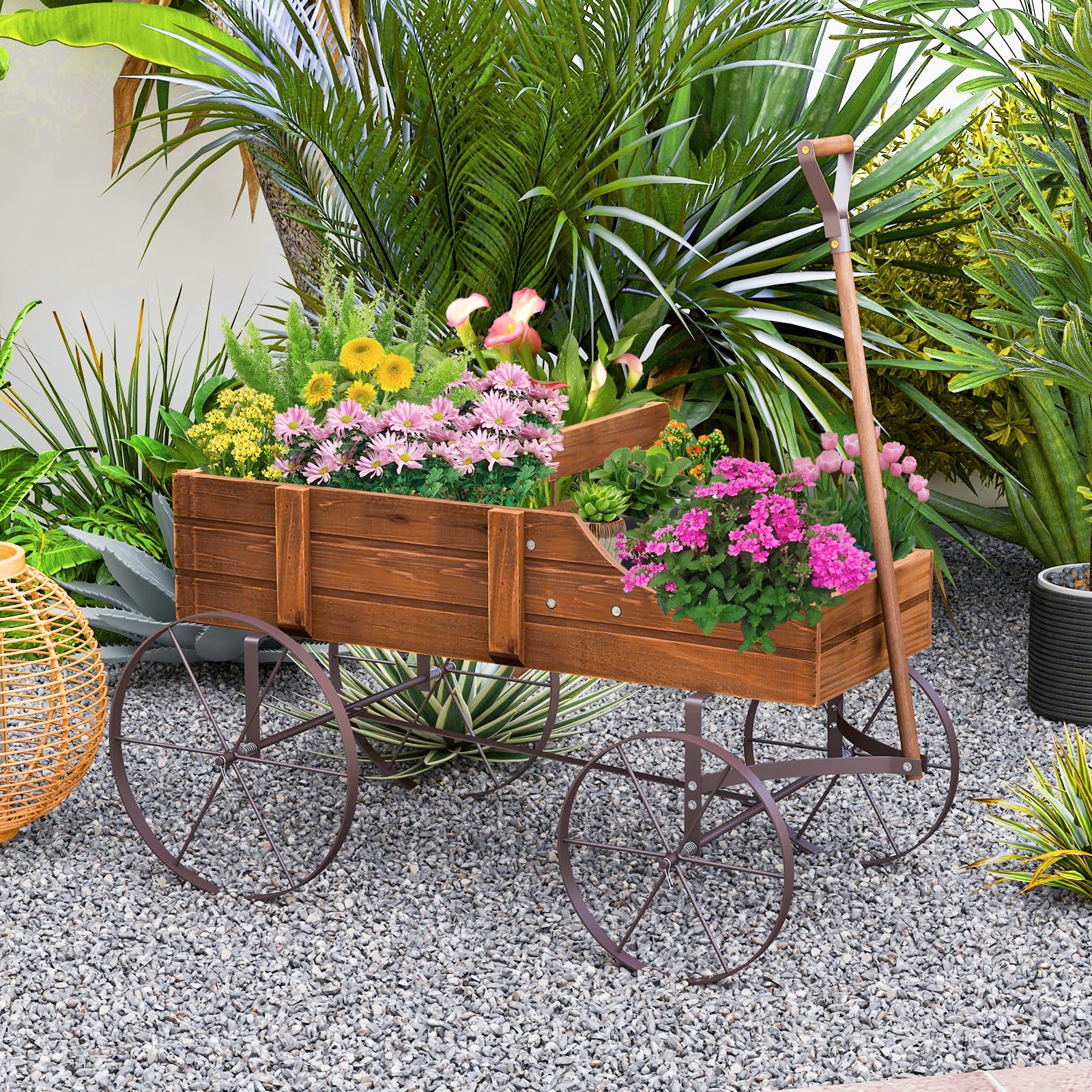 Rustic Wooden Wagon Planter, Decorative Garden Flower Cart with Metal Wheels & Adjustable Handle - Product image 18