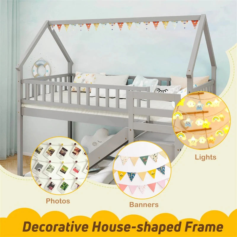 Twin Over Twin Bunk Bed House Design with Slide, Staircases & Storage Compartments, No Box Spring Needed - Product image 7