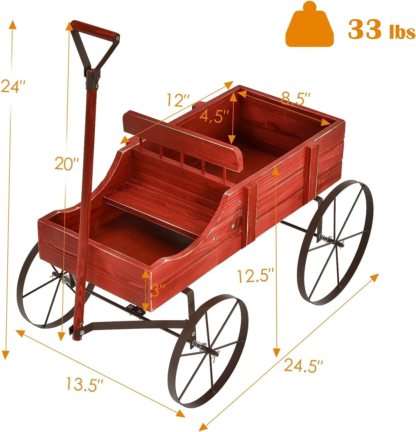 Rustic Wooden Wagon Planter, Decorative Garden Flower Cart with Metal Wheels & Adjustable Handle - Product image 16
