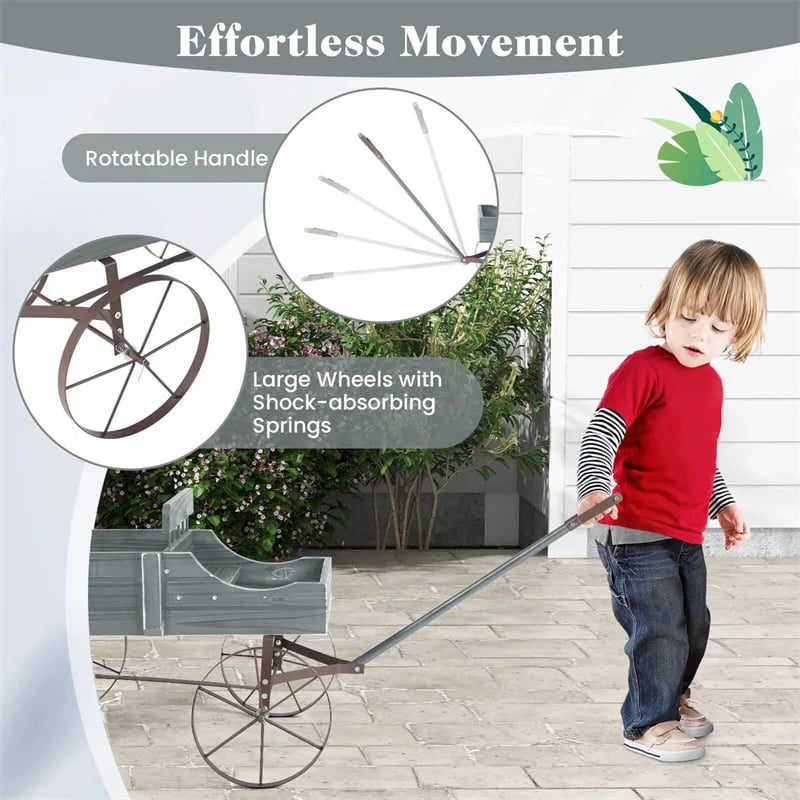 Rustic Wooden Wagon Planter, Decorative Garden Flower Cart with Metal Wheels & Adjustable Handle - Product image 42