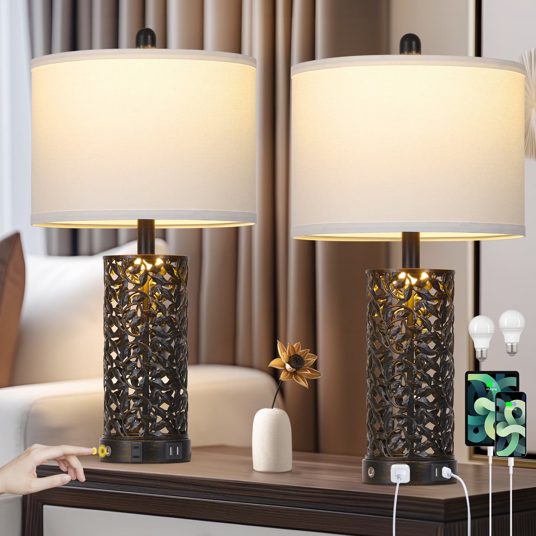 Cinkeda Table Lamp Set of 2 for Living Room Bedroom with USB Ports AC Outlet 3 Way Dimmable Touch - Product image 7