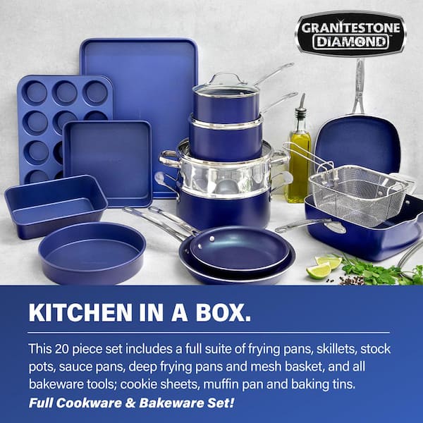 Classic Blue 20 - Piece Aluminum Ultra - Durable Non - Stick Diamond Infused Cookware and Bakeware Set