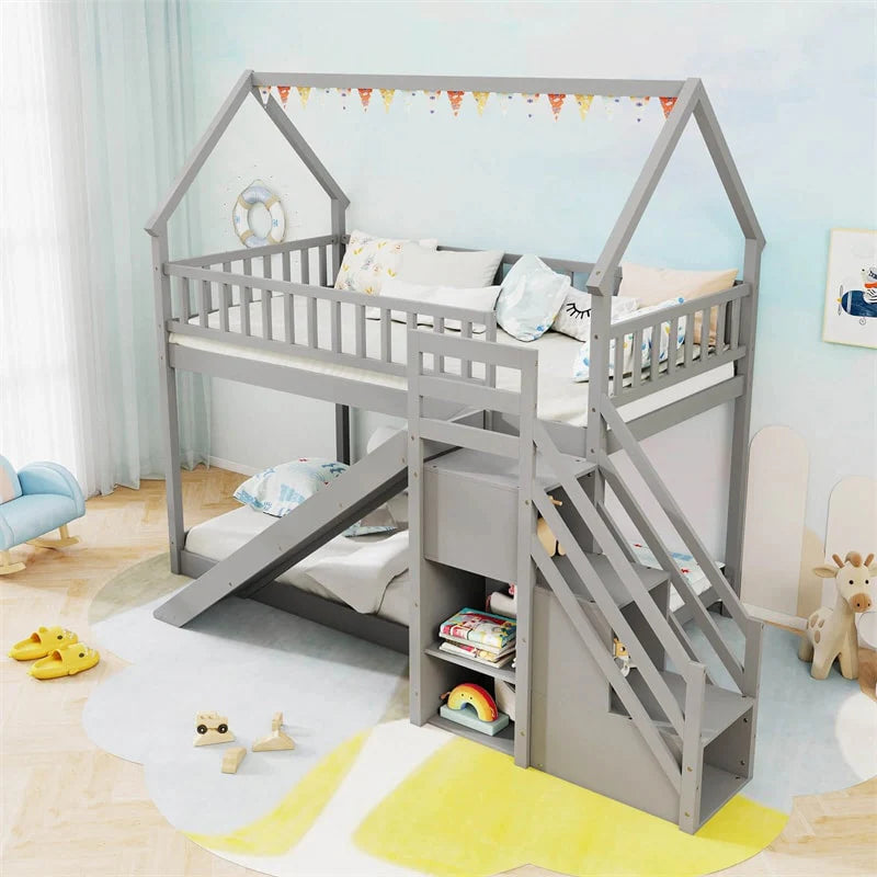 Twin Over Twin Bunk Bed House Design with Slide, Staircases & Storage Compartments, No Box Spring Needed - Product image 10