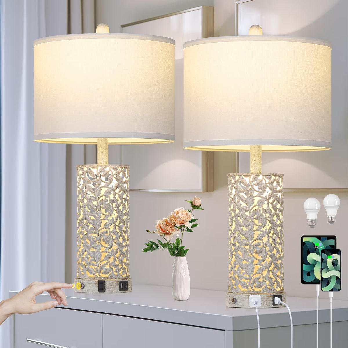 Cinkeda Table Lamp Set of 2 for Living Room Bedroom with USB Ports AC Outlet 3 Way Dimmable Touch - Product image 1