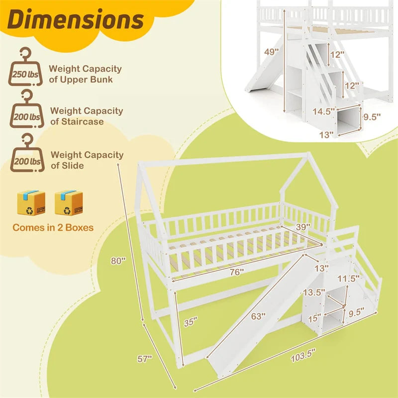 Twin Over Twin Bunk Bed House Design with Slide, Staircases & Storage Compartments, No Box Spring Needed - Product image 14
