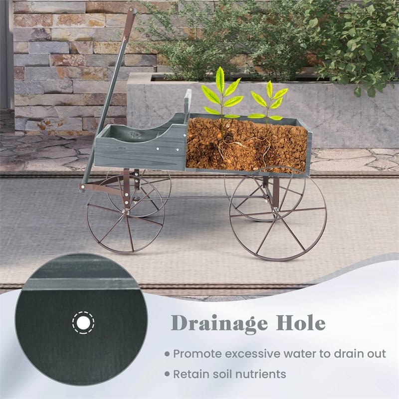 Rustic Wooden Wagon Planter, Decorative Garden Flower Cart with Metal Wheels & Adjustable Handle - Product image 44