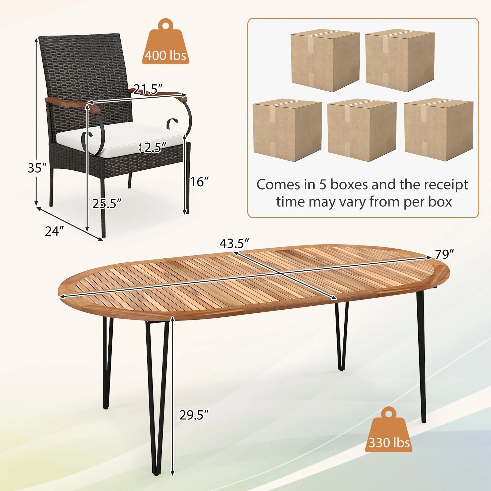 Tangkula 9 Pieces Patio Rattan Dining Set, Outdoor Oval Acacia Wood Dining Table and Wicker Armchairs Set with Umbrella Hole